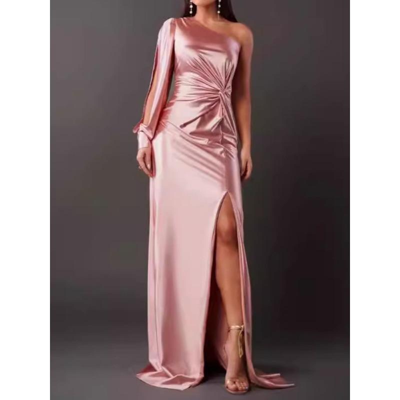 Summer New Women's Clothing Diagonal Collar Shoulder Sleeve Pleated Waist Split Sexy Dress