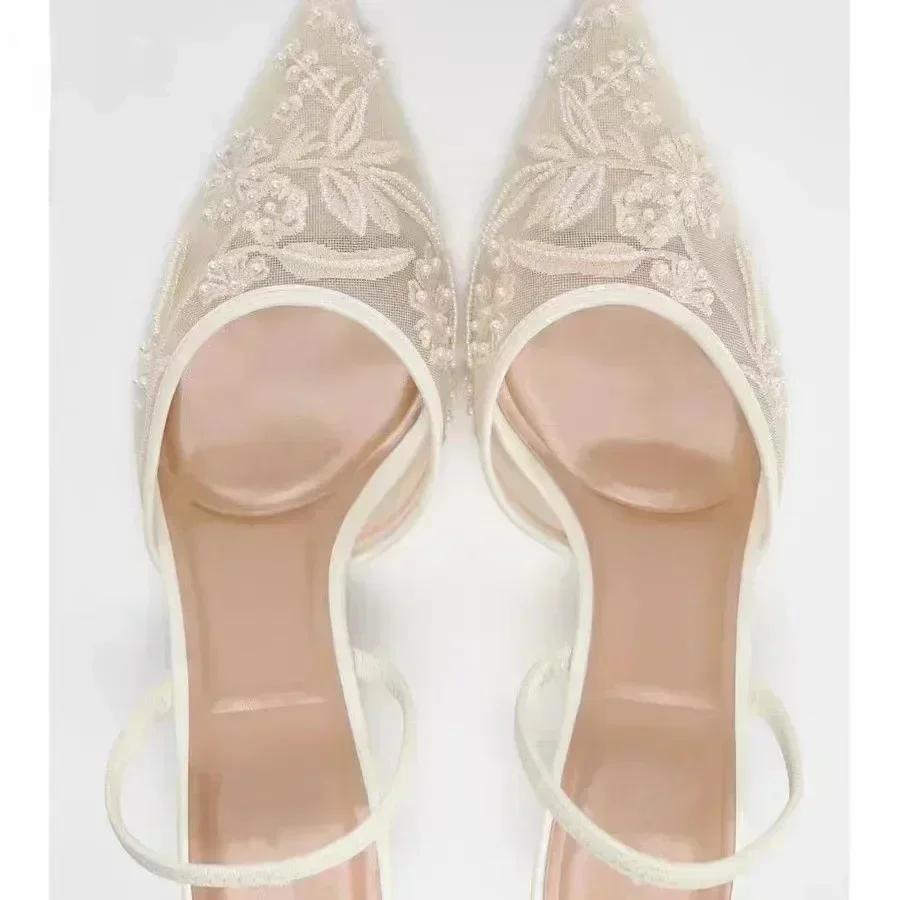 Fashion Summer Slingback Heeled Sandals Women Sexy Pointed Toe Thin High Heels for Women Elegant Mesh Embroidered Flowers Women Pumps