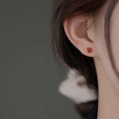 S925 Silver-plated Earrings Flower Earrings Women's New Advanced Earrings Japan and South Korea Fashion Small Red Rose Ear Bone Nails