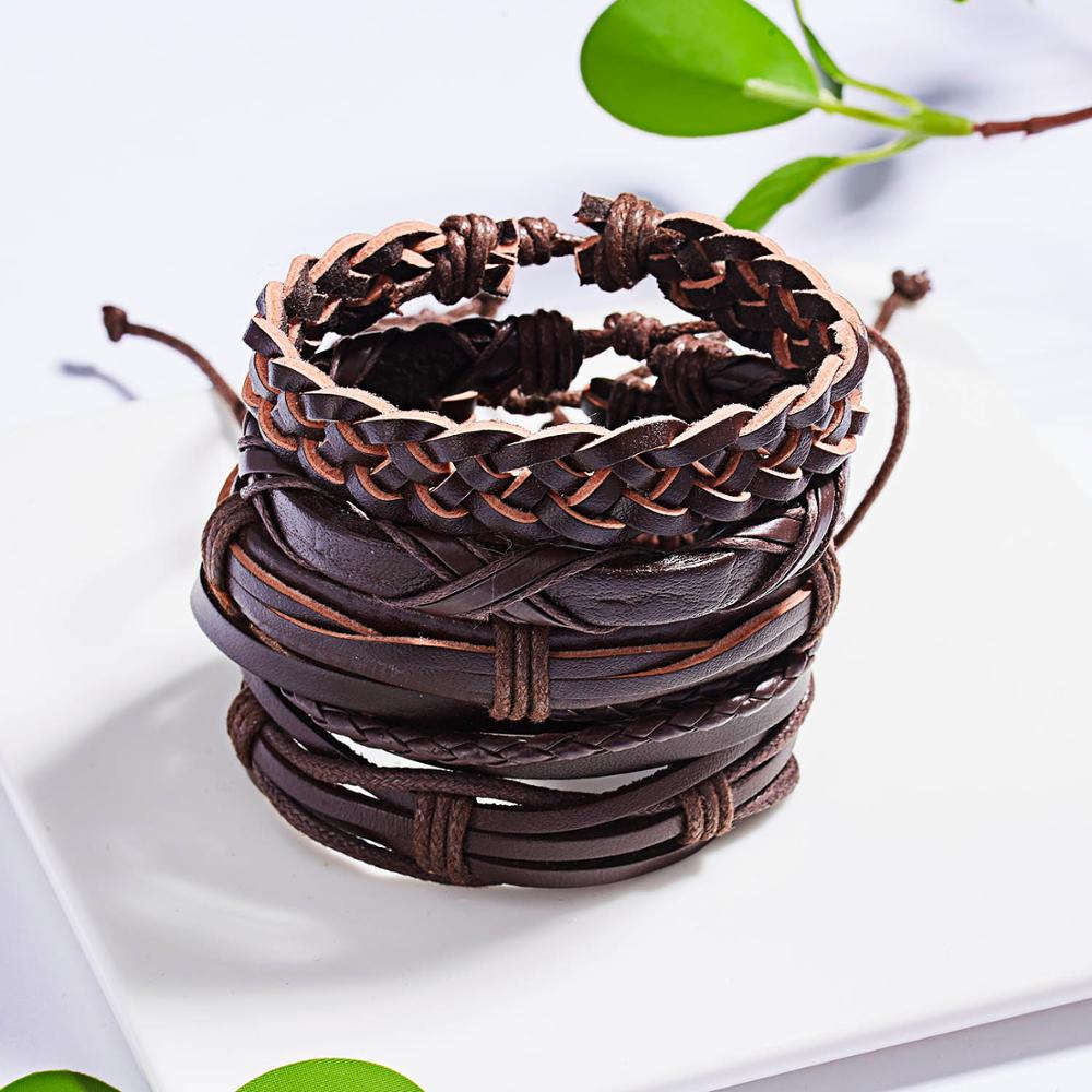 Handmade Vintage Multilayer Men Leaf Leather Bracelet Braided Star Knot Leaf Rope Wood Beads Wrap Bracelets & Bangles Male Gift