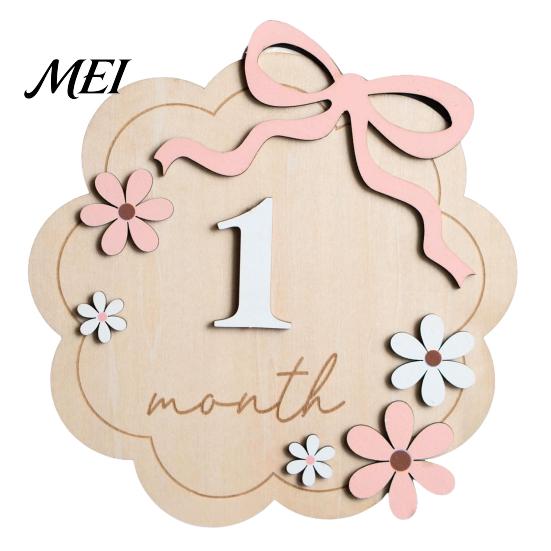 Baby Growth Record Decoration Monthly Milestone Ornaments, Wooden Markers with 3D Bow And Flower Newborn Gift Decoration, Cards for Photos Keepsake