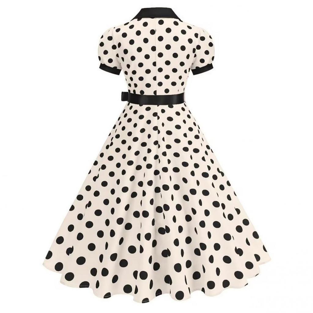 Dames Polkadot Shirtkraag Franse Retro Jurk