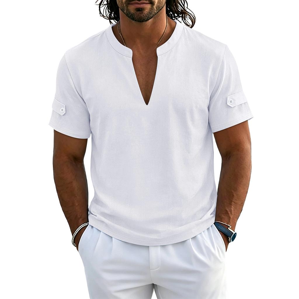 Chemise Polo Henley Casual à Manches Courtes et Col en V pour Homme Tissu Léger Respirant Haut d'Été