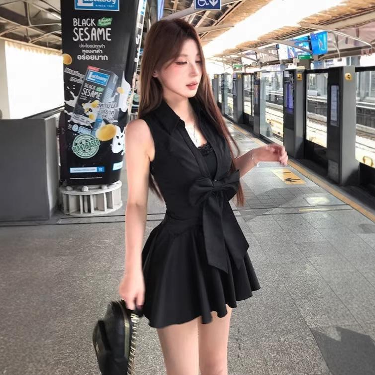 Pure Desire Style Black Spice Girl Bow Lace Sleeveless Dress Women's Summer New Waist and Thin Short Skirt