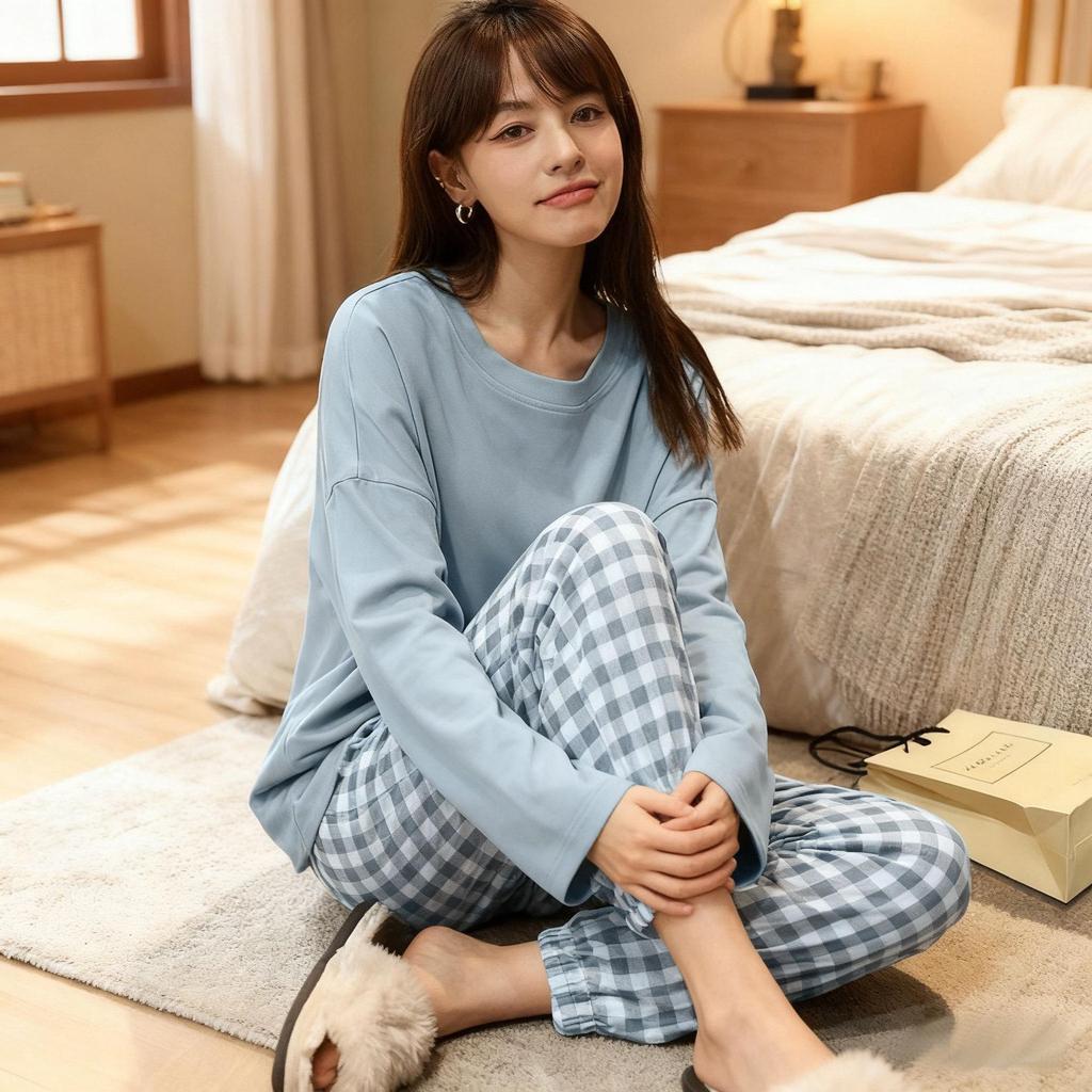 Women's Blue Plaid Long Sleeve Pajamas, Imitation Cotton, Loose & Comfortable, Perfect for Spring/Autumn, Versatile for Home or Outdoors