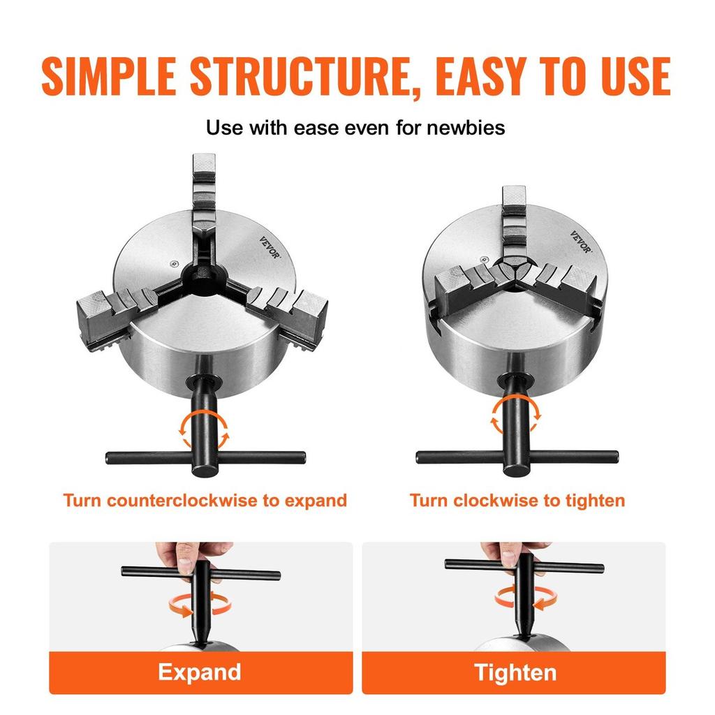3-Jaw Lathe Chuck, 6'', Self-Centering Lathe Chuck, 0.14- 6.3 in/3.5-160 mm Clamping Range with T-key Fixing Screws Reversible Jaws, for Lathe 3D