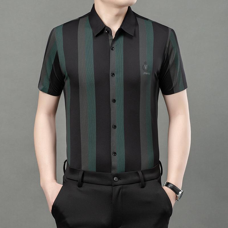Ice Silk High-end Non-iron Short-sleeved Shirt for Men's Business Casual Breathable Thin Fashion Striped Shirt