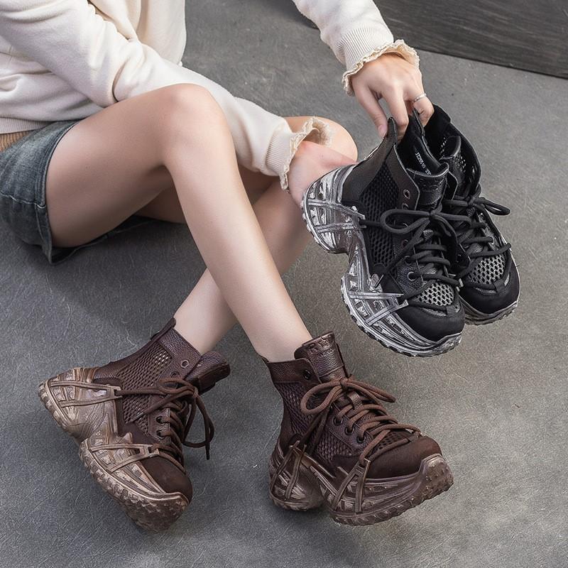 Johnature Vintage Genuine Leather Splicing Mesh Breathable Hollow-out Boots Women's Platform Shoes