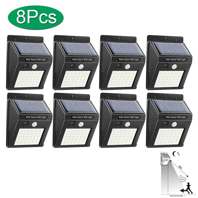 

30 светодиодных солнечных ламп с датчиком движения PIR, настенный светильник, уличный солнечный светильник, водонепроницаемый солнечный уличный светильник с питанием от солнечных батарей, декор для сада 8PCS чёрный