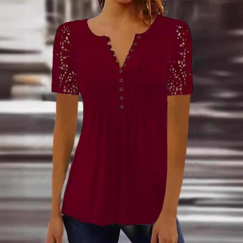 Neues Sommer Lochmuster Kurzarm Einfarbig Spitze Lockeres Hemd Damen Mode Bedruckt Übergröße Lässige Bluse Damen Elegant Floral V-Ausschnitt Hemden Tops 26583