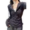 Women's Korean-Style Grey Two-Piece Look Hooded Cropped Long-Sleeve T-Shirt with Slim Fit Fleece Inner Layer for Spring/Autumn