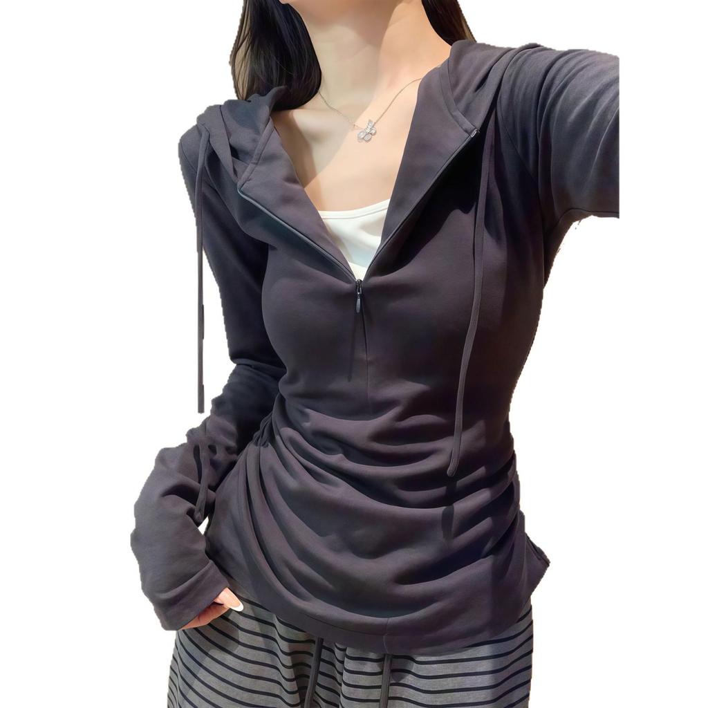 Women's Korean-Style Grey Two-Piece Look Hooded Cropped Long-Sleeve T-Shirt with Slim Fit Fleece Inner Layer for Spring/Autumn