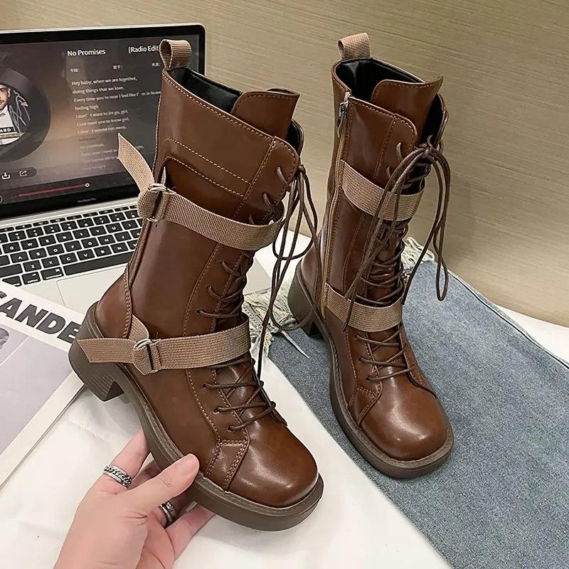 Fashion Black British Style Leather Mid Calf Shoes Woman Chic and Elegant Comfortable Boot On Offer Waterproof Half High Boots for Women