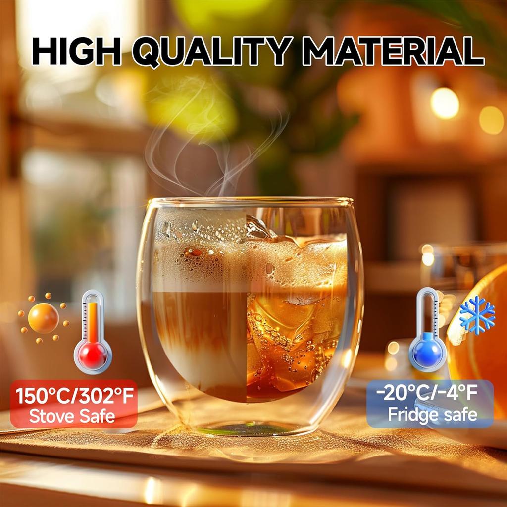 4PCS Glass Coffee Mugs , Double Wall Insulated Thermal Cups, Clear Glass Coffee Cup for Tea/Juice/Milk, Cappucino Espresso Mug