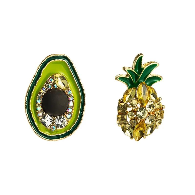 Sweet Pineapple Avocado Asymmetric Drop Earrings Gold Alloy Rhinestone Dangle Earrings for Women Party Jewelry