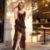 Women's Ruffle V-Neck Spaghetti Strap Summer Dress - Irregular Hem, Waist-Cinching A-line for Vacation