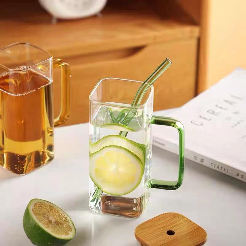 400 ml Fyrkantig Glasmugg Med Lock och Sugrör Frukost Mjölkkopp Mikrovågssäker Transparent Party Öl Kaffe Mugg Dryckesvaror Glas