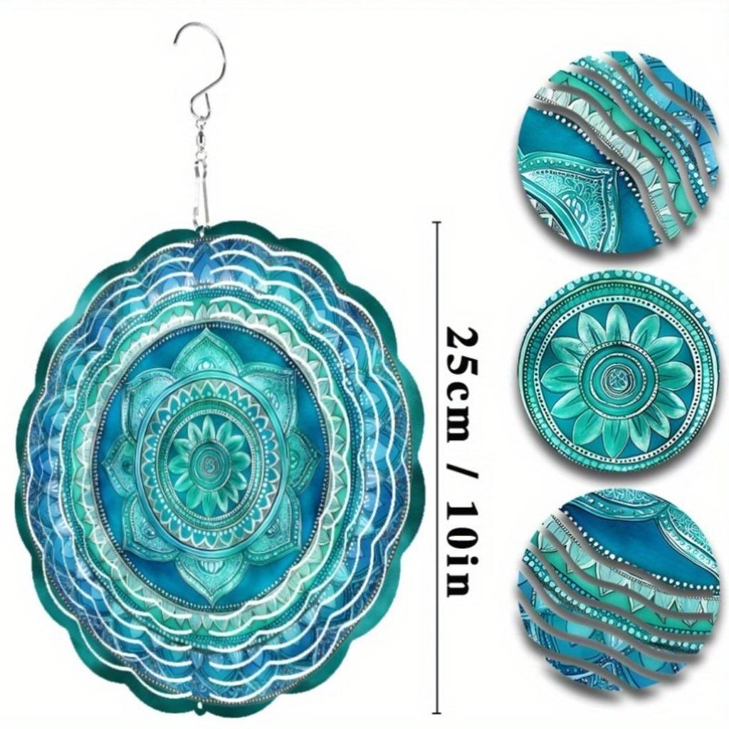 1pc 10-Inch Hanging Wind Chime with 360° Swivel Hook - Vibrant Blue & Green Mandala Design, Artistic Garden Decoration for Spring & Summer