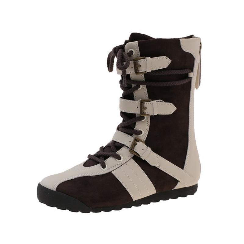Fashion Thick Soled Contrasting Color Boxing Boots for Women,winter New Retro Lace Up Short Boots with Belt Buckle High Top Casual Boots