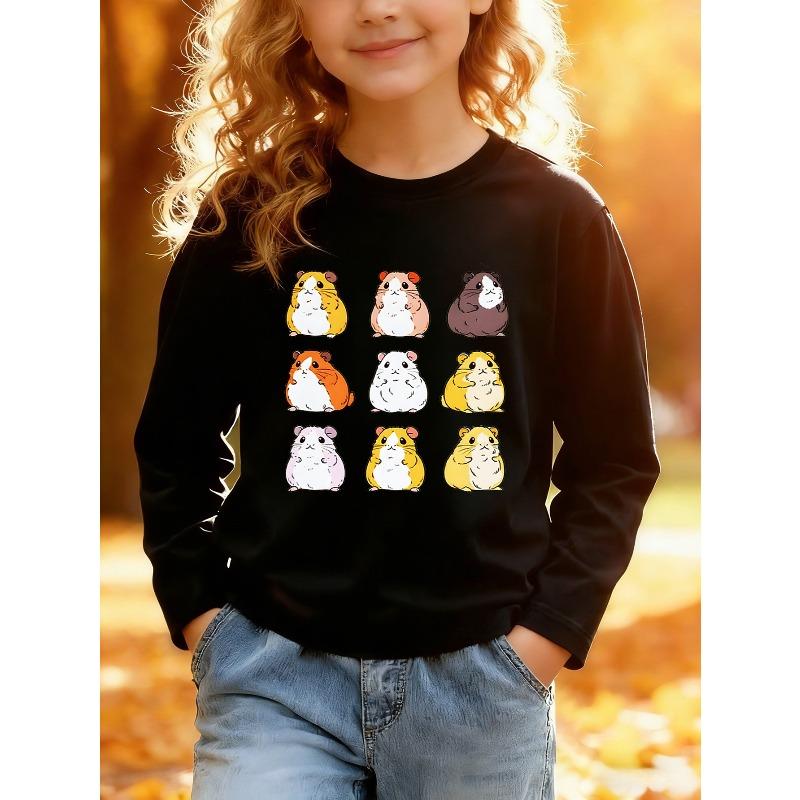 European sizes Kids Casual Sports Long Sleeve T-Shirt Front Cartoon Printed with Multiple Cute Hamster Patterns in 3X3 Grid Skin-Friendly Soft