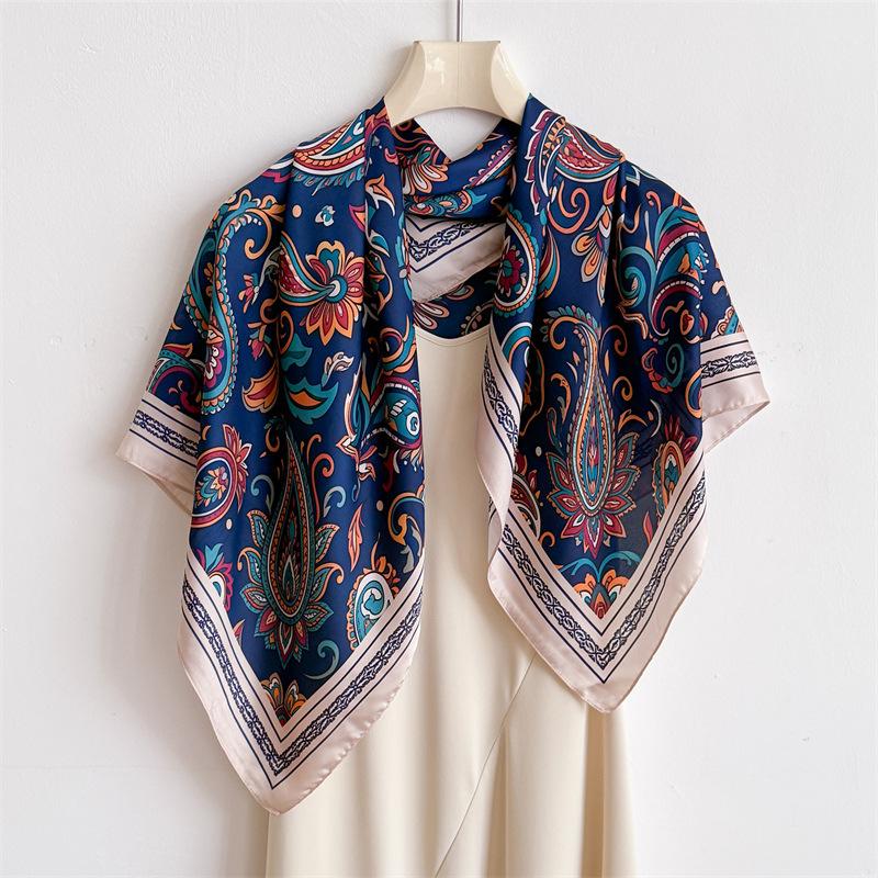 European and American ethnic style simulation silk high-end large square scarf silk scarf printed shawl decorative scarf sunscreen headscarf scarf