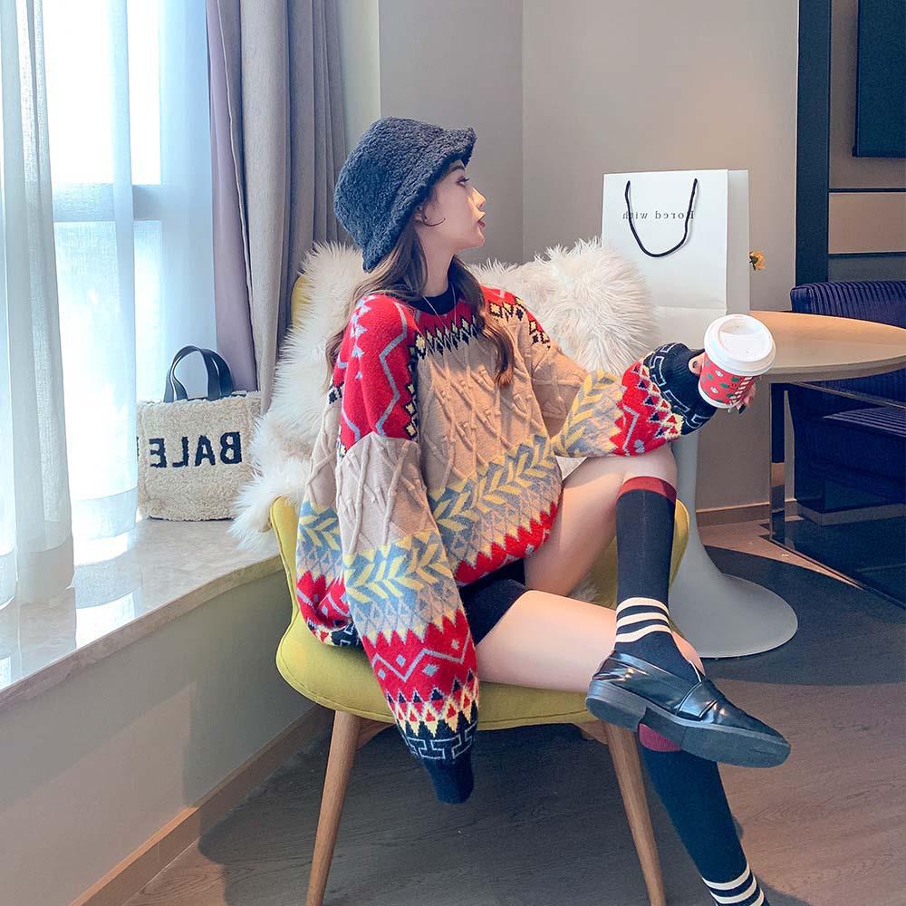 Autumn/Winter 2023 Women's Colorful Pattern Loose Knit Sweater - Round Neck, Long Sleeve Pullover