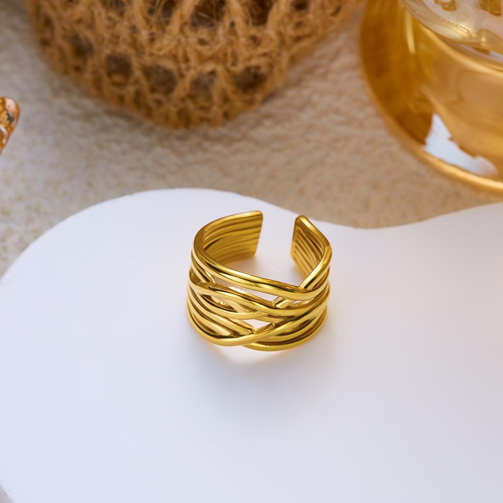 Stainless Steel Irregular Line Wrap Ring for Women Men Gold Plated Geometric Flower Leaves Ring Trendy Waterproof Jewelry Gifts