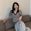 Striped T-shirt Women's Summer Thin Polo Collar Short-sleeved Short High-waisted Navel Design Niche Knitted Top