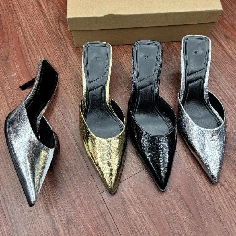 Summer Pointed High Heels Sandals for Ladies Brand Designer Sexy Outdoor Shiny Leather Party Dress Women Mules Shoes Wholesale
