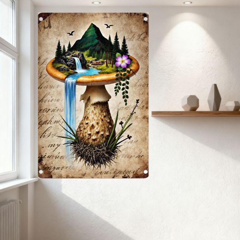 Vintage Metal Tin Sign Mushroom Fairy Tale Landscape with Waterfall Flowers for Home Bar Wall Decor