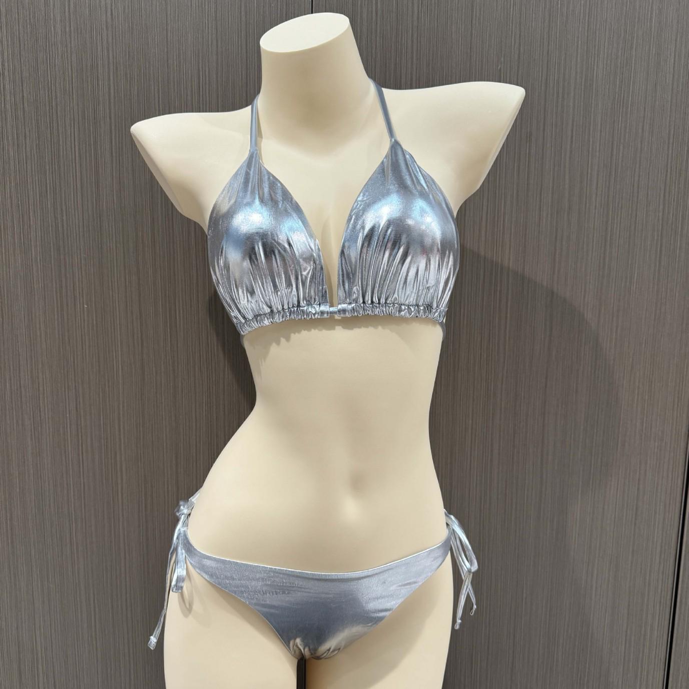 

2024 Bright Silver Two-Piece Triangle Wrap Bikini Swimwear Large