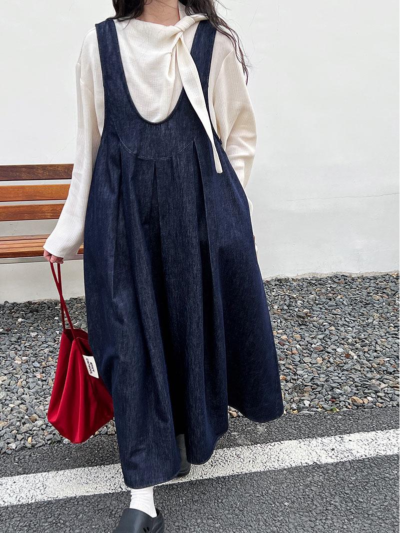 

Женское платье-жилет Luxi 2025 года с U-образным вырезом в стиле ретро из денима — универсальный дизайн с длинной юбкой L (Model Size)