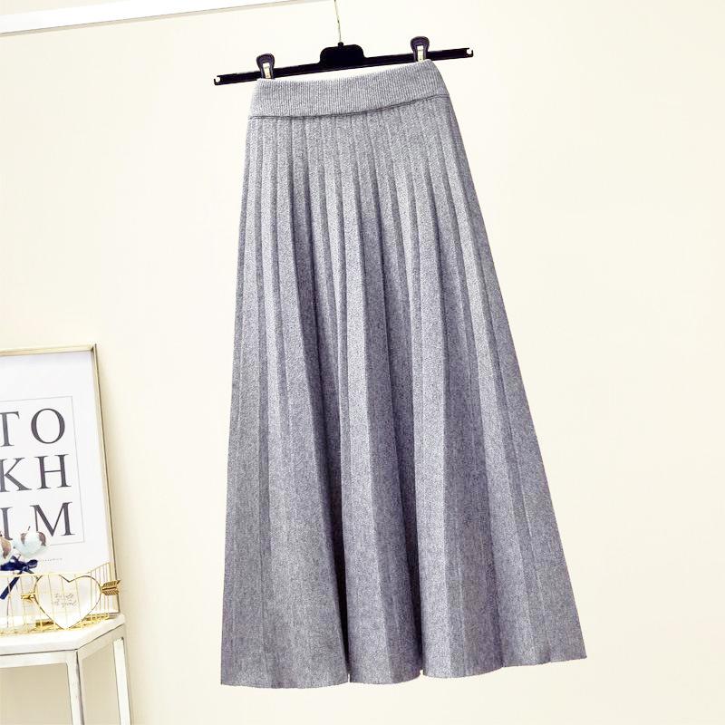 Women Knitted Midi Long Pleated Skirt 4color Korean Style Mid-Length High Waist Skirt Female