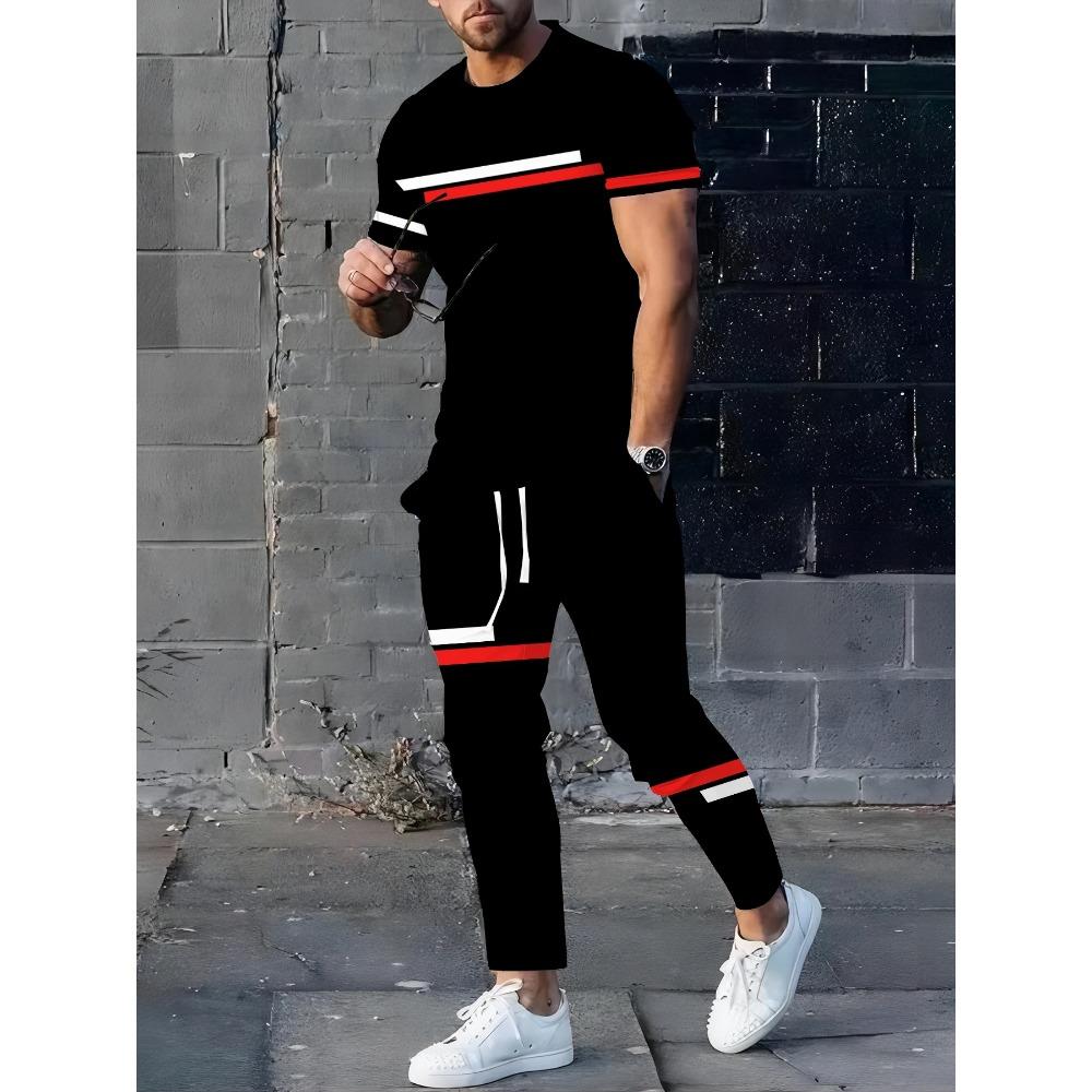 Men's Summer Splicing Letter Printed Pattern Breathable Quick Drying Top Trendy Soft Top Street Round Neck T-shirt Set