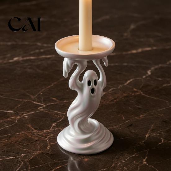 Unique Resin Crafts Cute Ghost Candle Holder, Iridescent Spooky Pedestal for Figurine Taper Candles, Gothic Candlestick Stand Home Table Decor