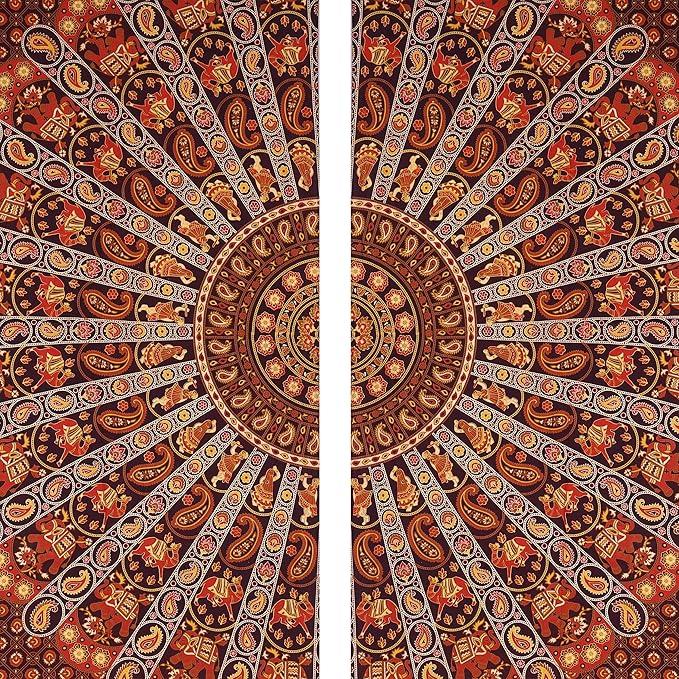 BLESS INTERNATIONAL Beautiful Indian Bohemian Psychedelic Hippie Tree of Life Window Curtain Panels for Bedroom, Living, Balcony (Red Camel Mandala)