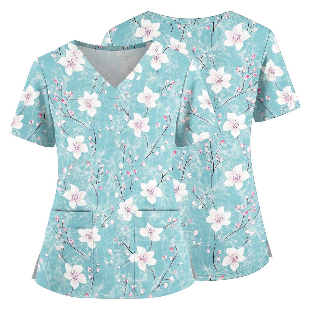 Medizinisches Kasack-Oberteil mit Blumendruck, V-Ausschnitt, Taschen und Seitenschlitzen, Kurzarm, Krankenschwester-Uniformhemd für Damen