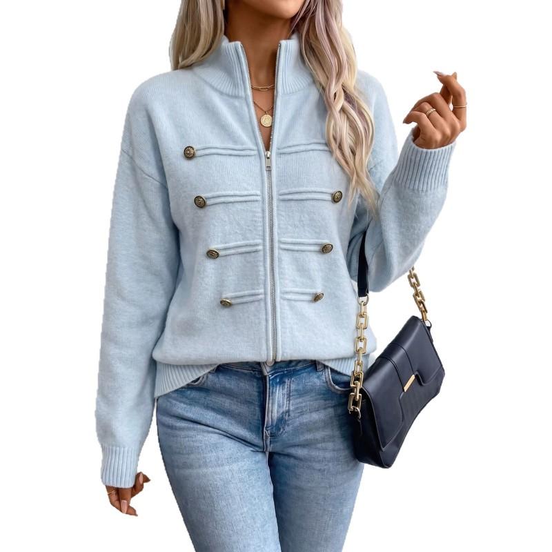Womens Knit Cardigan Fall Winter Stand Collar Double Zip Sweater Coat Solid Color Loose Fit