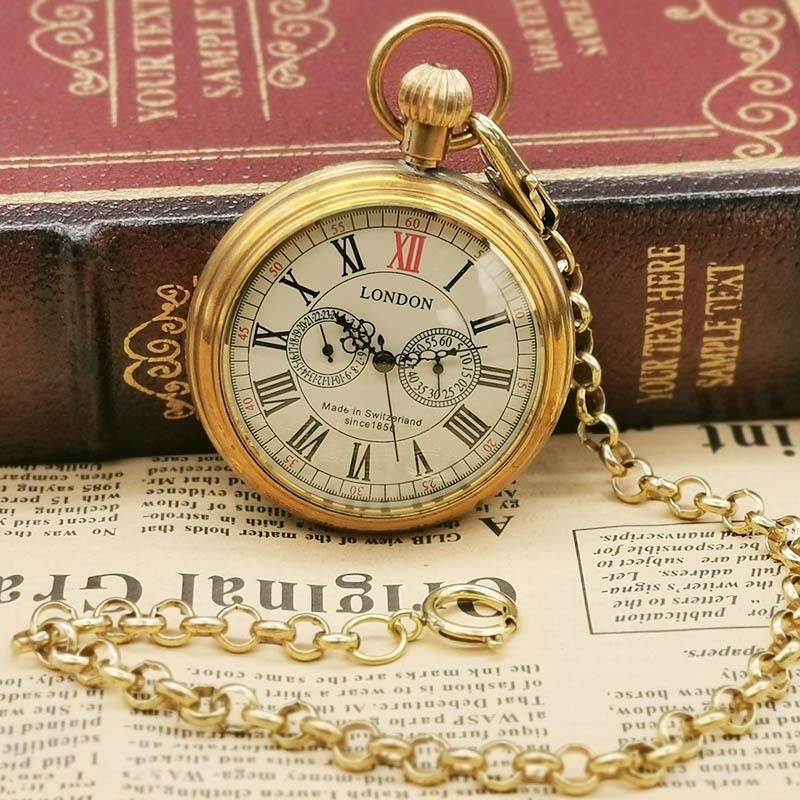 Orologio da tasca meccanico antico di Londra 1856 a 5 lancette con quadrante piccolo, numeri romani, cassa aperta, con catenella, Orologio regalo