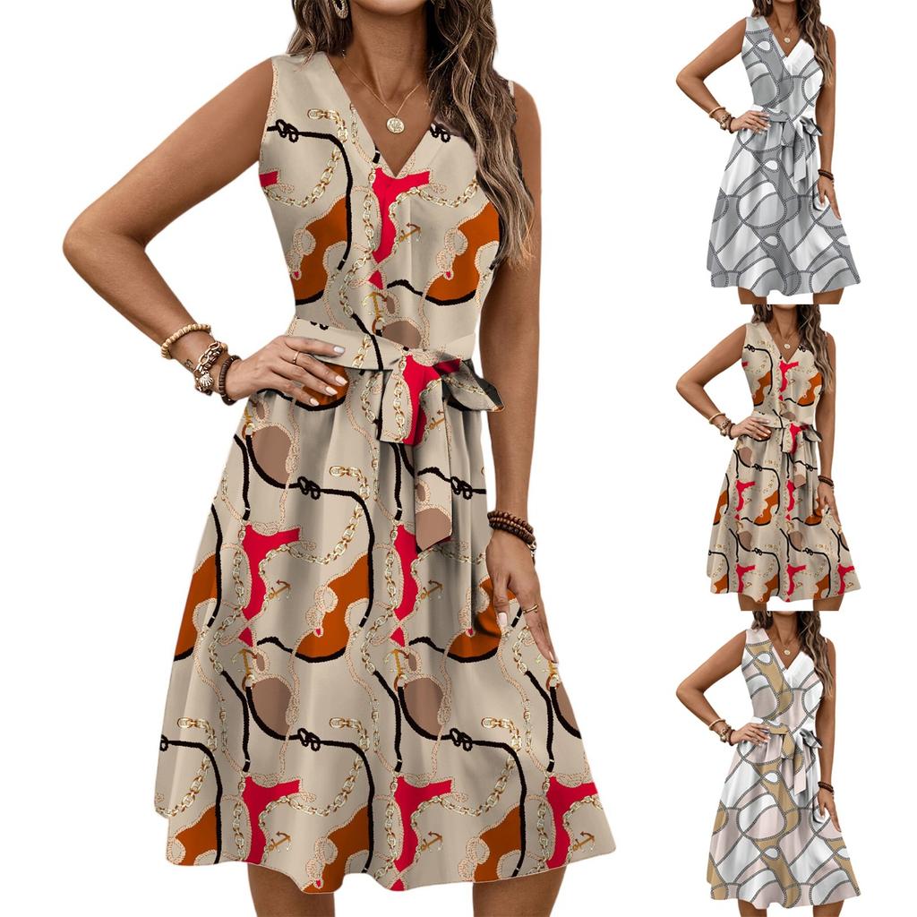 Women's Spring And Summer Casual V-Neck Sleeveless Waist Floral Print Midi Dress