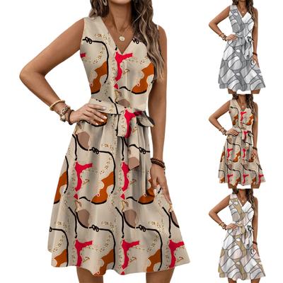 Vestido midi casual feminino primavera e verão, decote em V, sem mangas, cintura, estampa floral