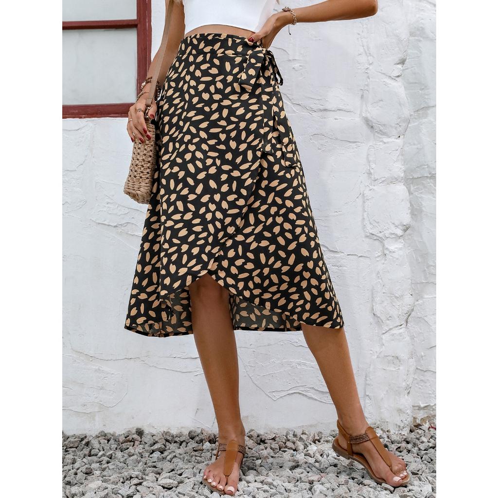 Women's High Waist Wrap Midi Skirt Leopard Print Big Split Loose Flowy Elegant Summer Casual Skirt