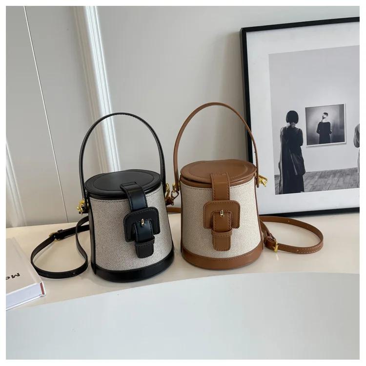 Luxury Retro Bucket Bag for Women  Autumn New Chic  Pluto Canvas Patchwork Elegant Feminine Crossbody Bags