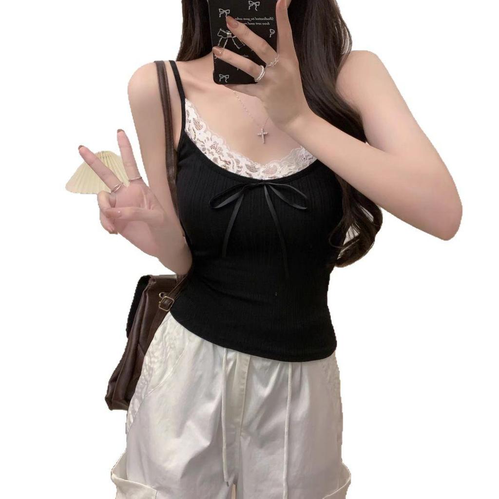 Lace Patchwork Ribbed Tank Top with Chest Pads and Slimming Fit for Women