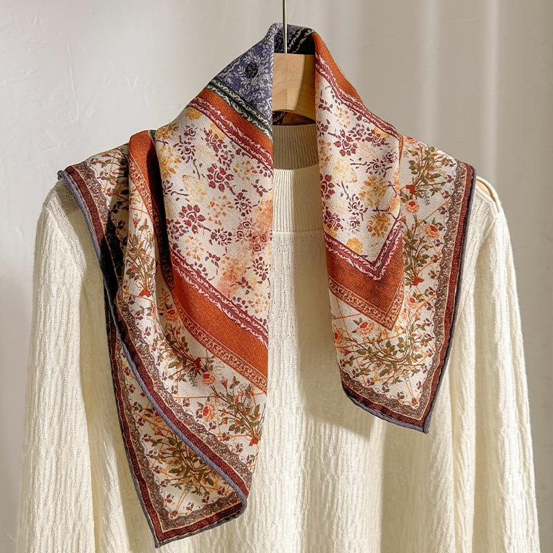 Premium silk wool square scarf women's retro versatile small silk scarf spring autumn and winter decoration neck protection warm scarf shawl