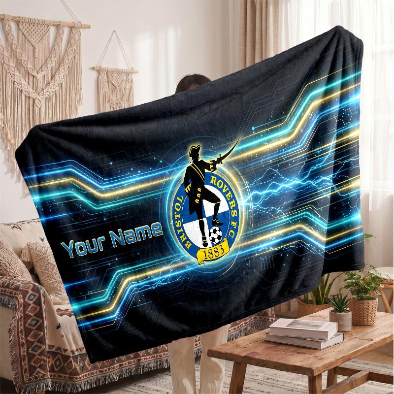Bristol Rovers Personalized Fleece Blanket With Football Logo, Custom Name Text Soft Warm Home Throw Blanket