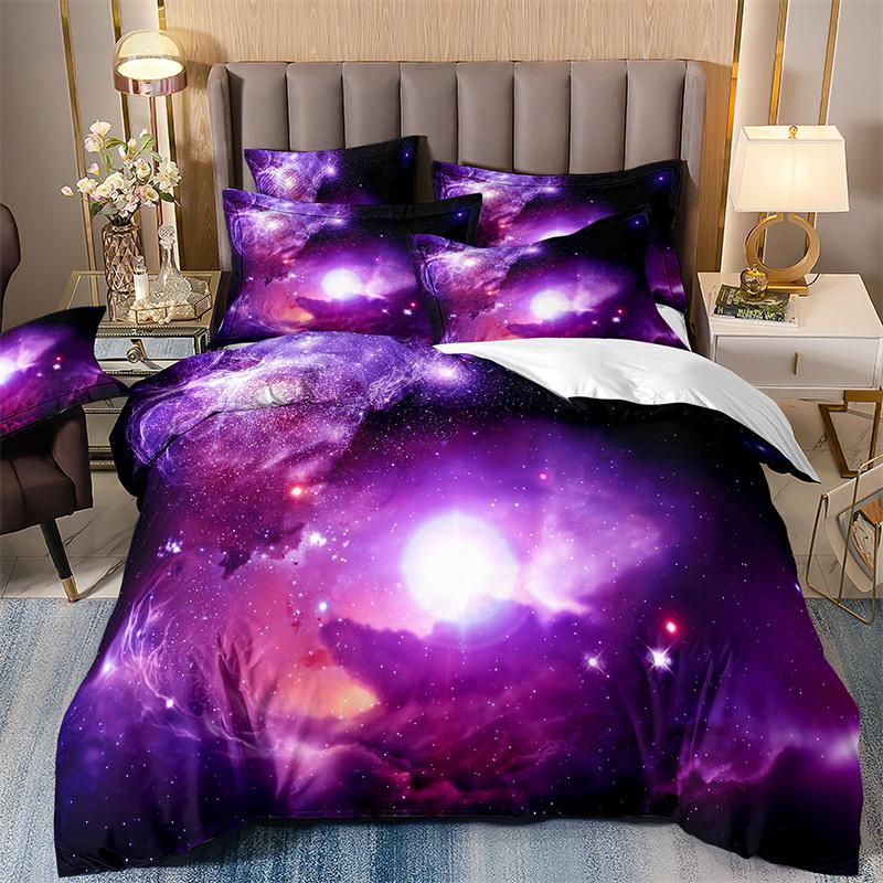 Starry Sky Bedding Set For Boys, Quilt Cover And Pillowcases, Double Duvet Cover Set, Luxury Bedding Set, Galaxy, 135x200 Purple