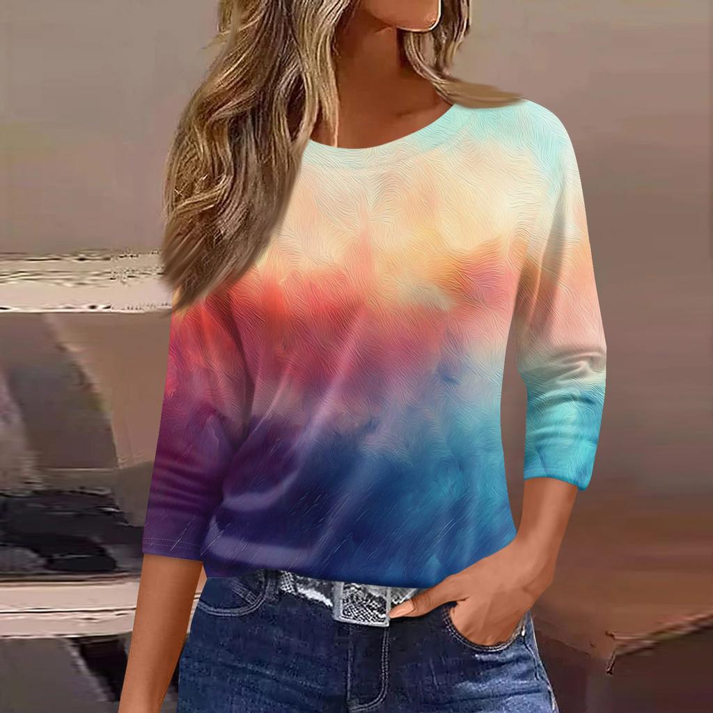 Moda damă ocazional decolteu rotund mâneci 3/4 tricou imprimat largi Top dama