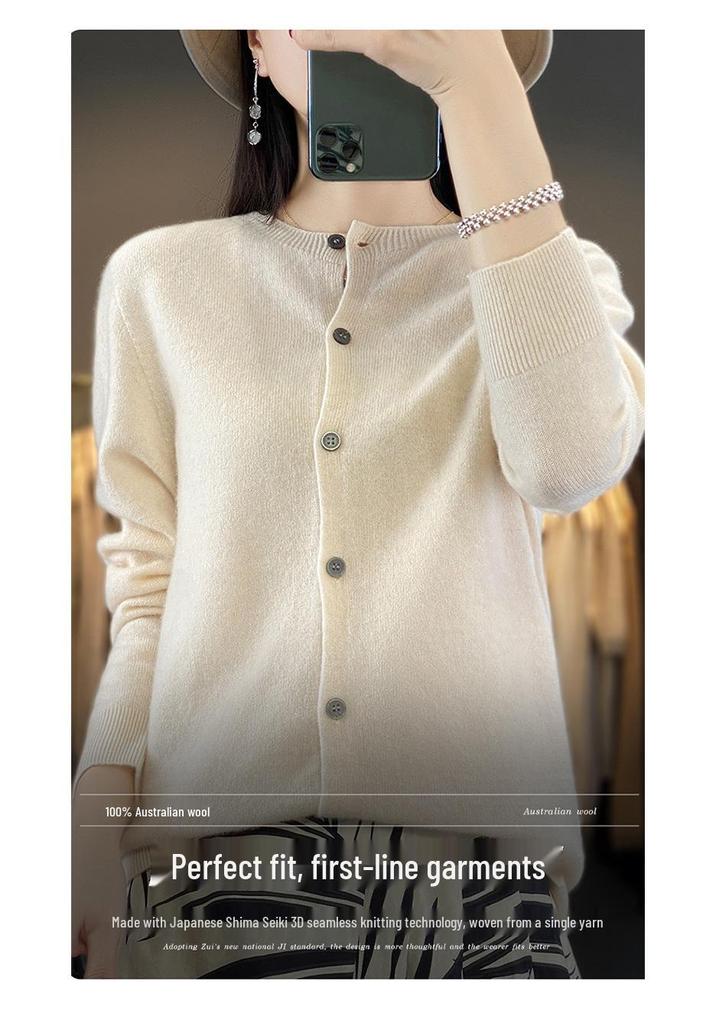 Women's Pure Wool Slim-Fit Cardigan: Warm, Thickened, Round Neck, Knitted Sweater for Autumn and Winter