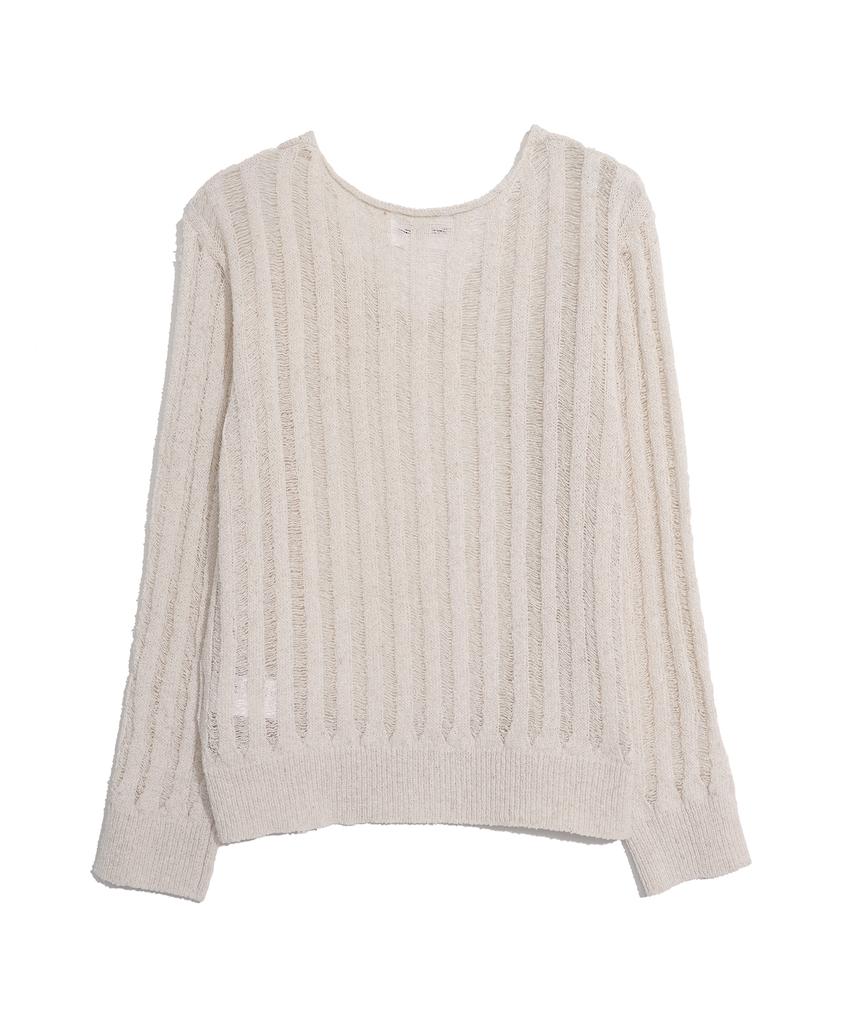 HARDCORE HAPPINESS Damaged Slit V-Neck Knit Top_Ivory